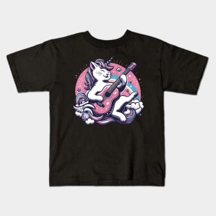 Unicorn Cat Playing Guitar Music Kids T-Shirt